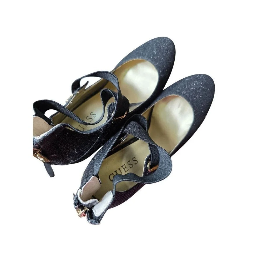 Guess Black‎ Glitter Fabric Platform Heels With Back Zipper & Ankle Strap 8.5M
